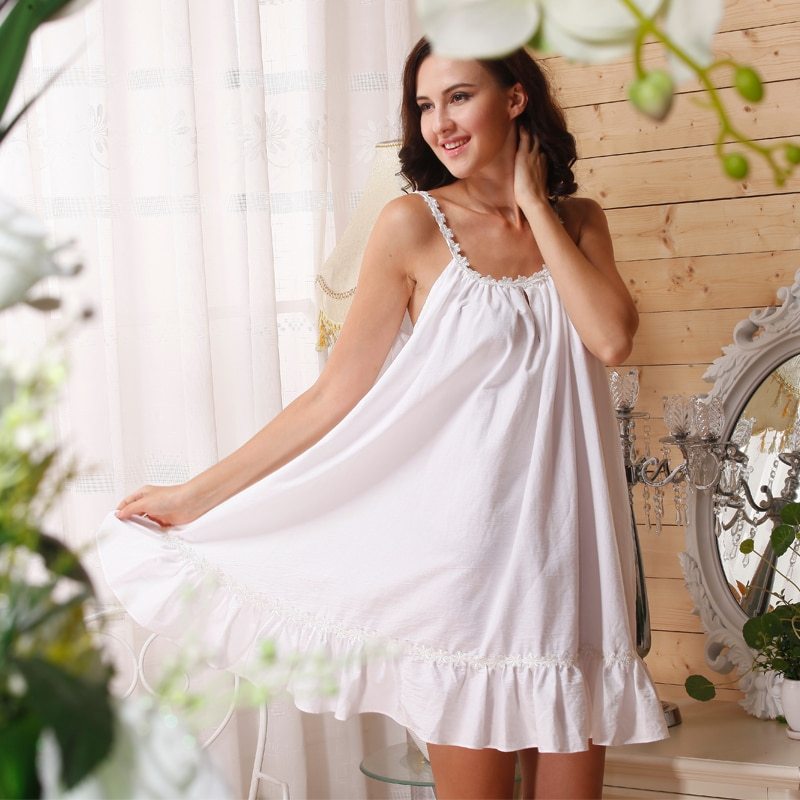 Cotton-Nightgown-Princess-Women-Plus-Size-White-Cotton-Sleeveless-Nightgown-Summer-Sunflower-Ruffle-Sleep-Dress