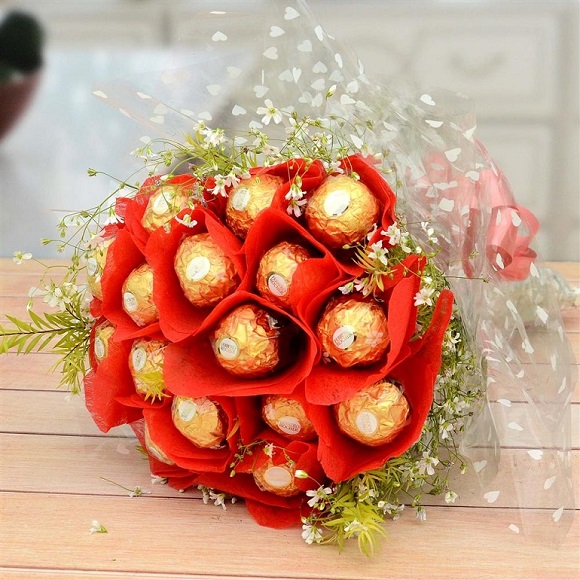 Ferrero Rocher chocolate gift bouquet on wooden table
