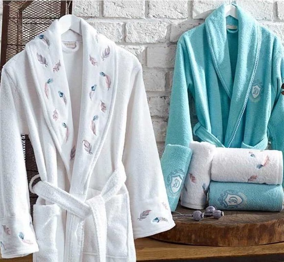 blue and white bathrobes