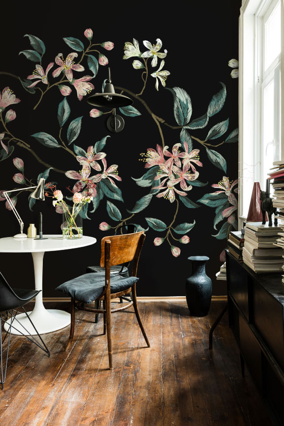 Floral Wallpaper with round table and chair in front