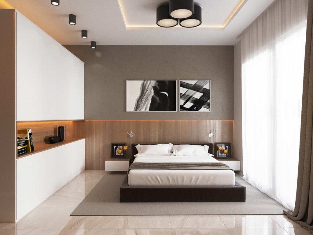 Large Bedroom with black details and storage space